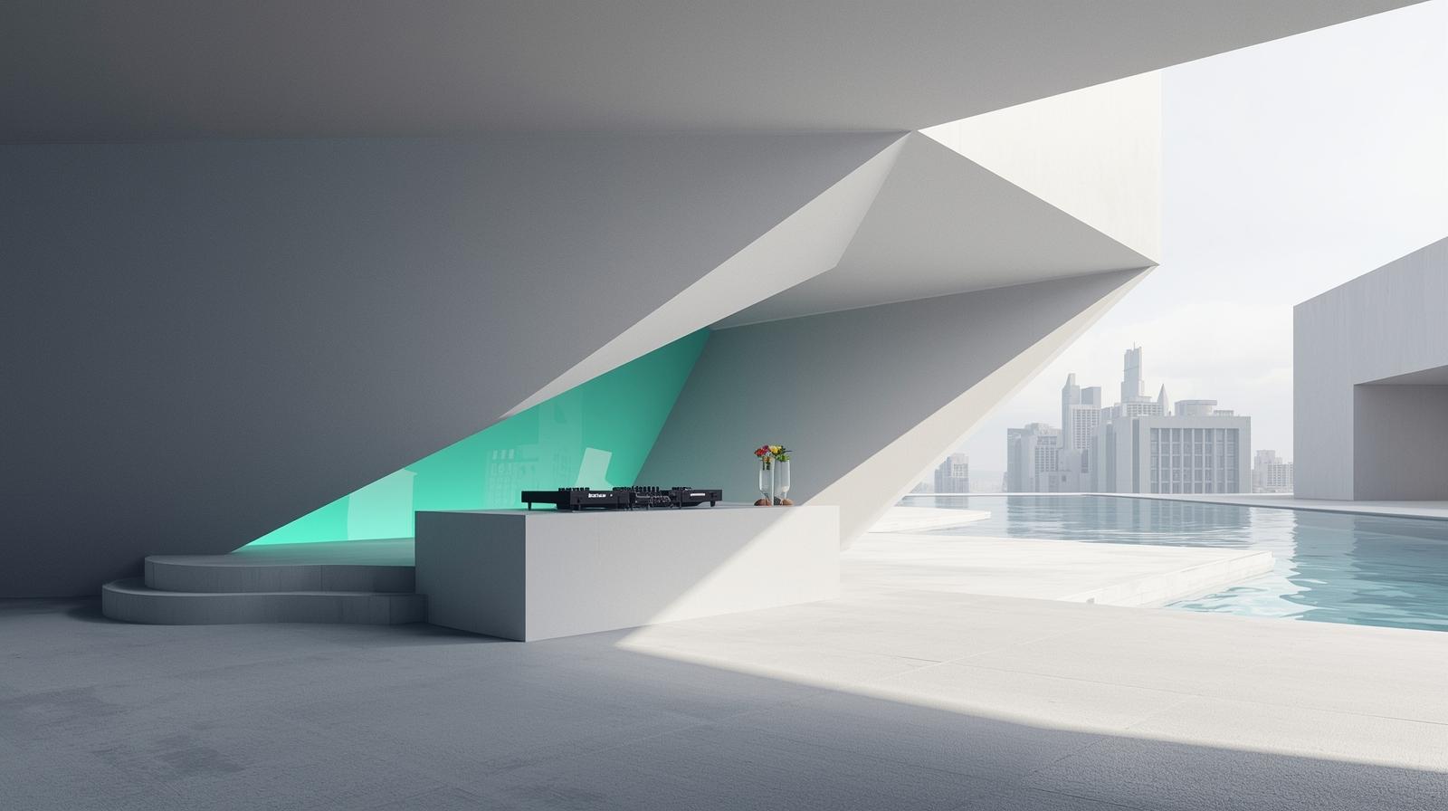 A minimalist and clean photography style, with a minimalist composition, ample negative space, and soft, muted grey tones with subtle green highlights, focusing on form and light. A vibrant and dyn